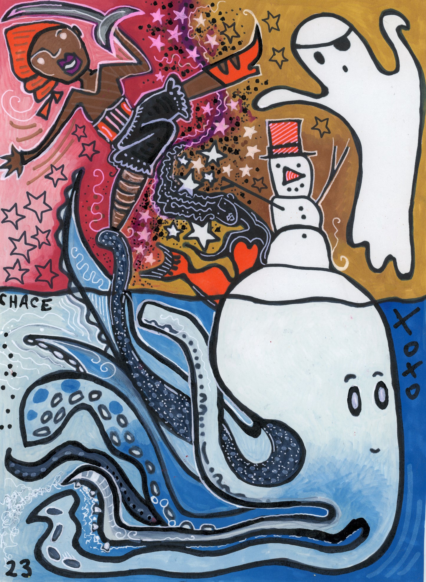 Octopus Iceberg, 2023, 8" x 10" :: Watercolor, marker, gel pen, and oil paint on paper