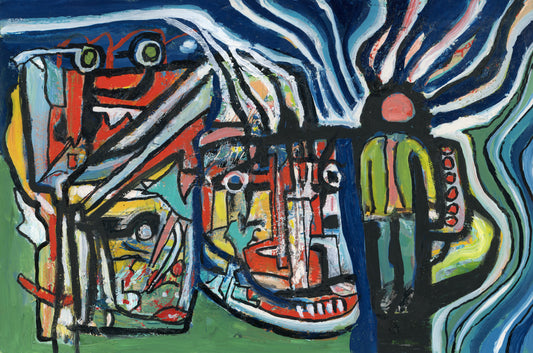 Plugged In, 2022, 4.5" x 6.5", Oil and house enamel on repurposed cardstock